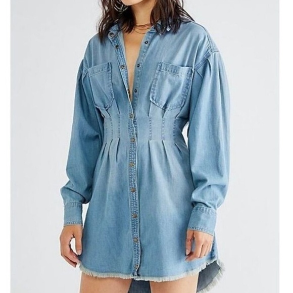 Free people cinched waist denim dress - Picture 1 of 7